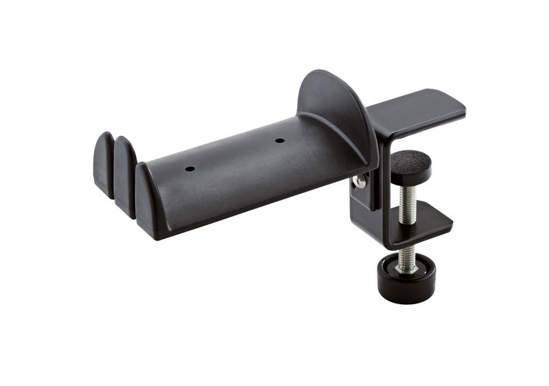 KM K&M Konig & Meyer 16090.000.55 Headphone Clamp-On Table Holder, Protective Rubber Padded Arm, Table/Shelf Mount, Steel Design, Headset Accessory w/Earbud, Headphone Jack Cable Rack, German Made - Image 1